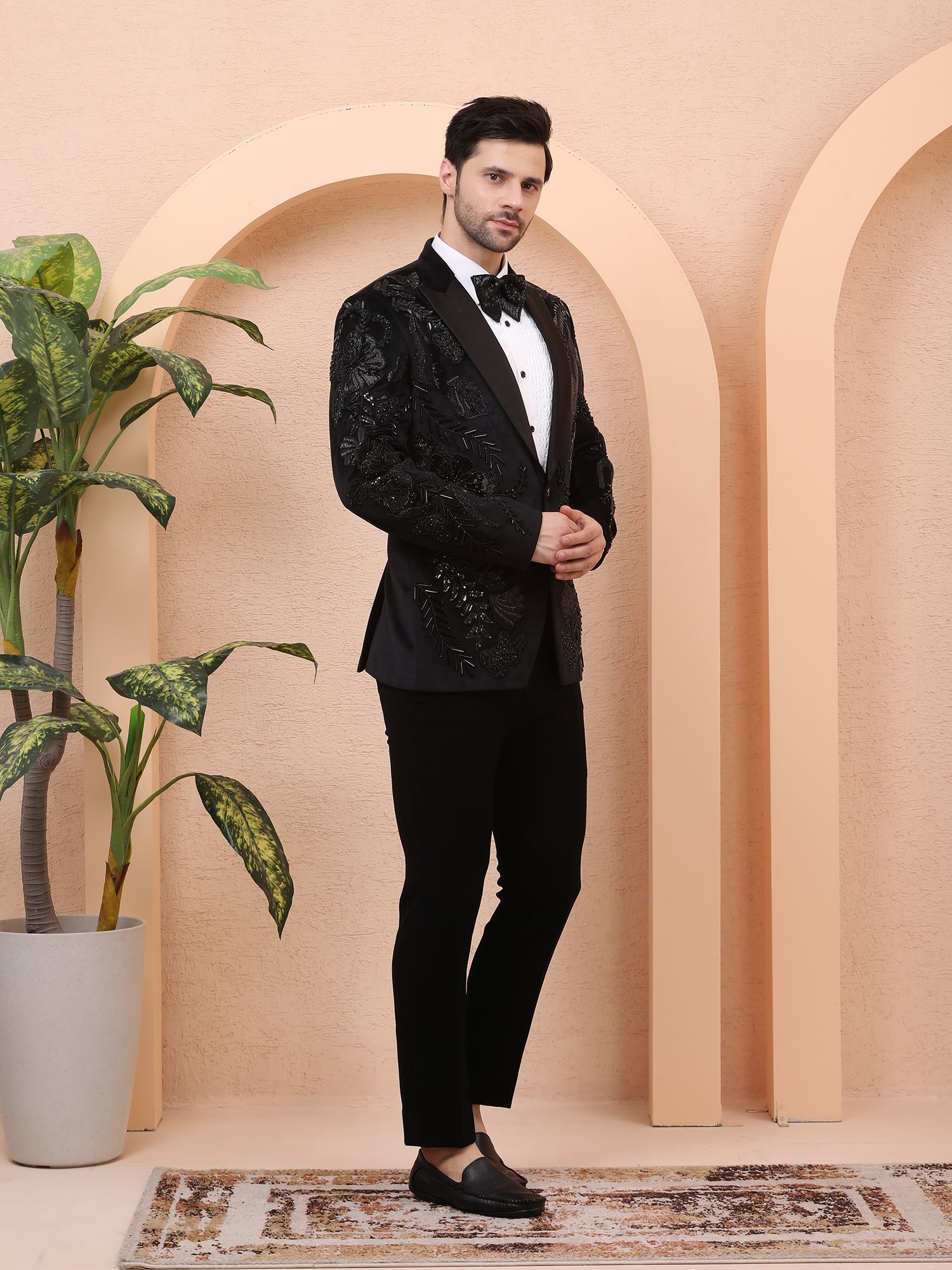 OBSIDIAN FLORA – HAND EMBROIDERED DESIGNER TUXEDO – BLACK