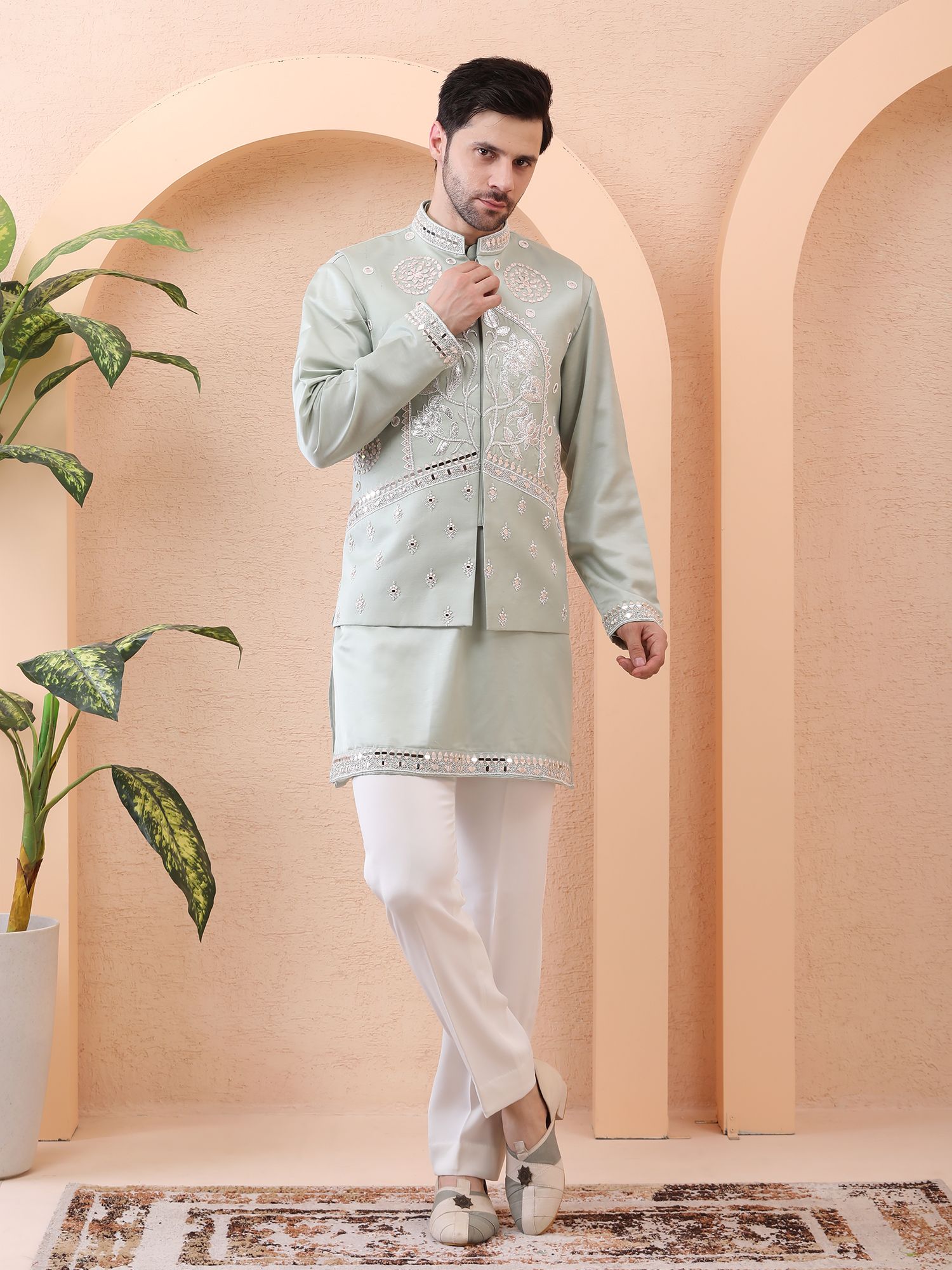 BLOOMING LOTUS – MIRROR HAND EMBROIDERED DESIGNER BUNDI SET – SAGE GREEN