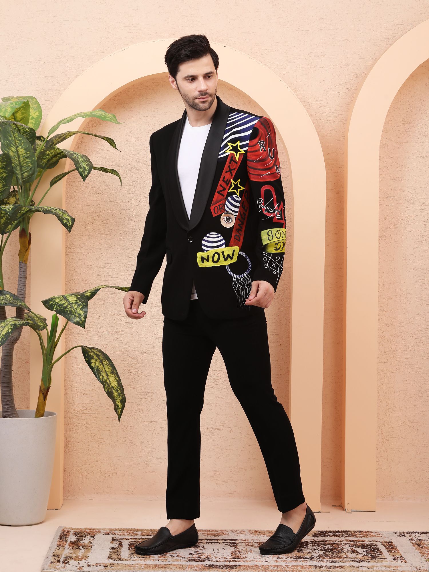 POP ART HAND-PAINTED DESIGNER BLAZER – BLACK