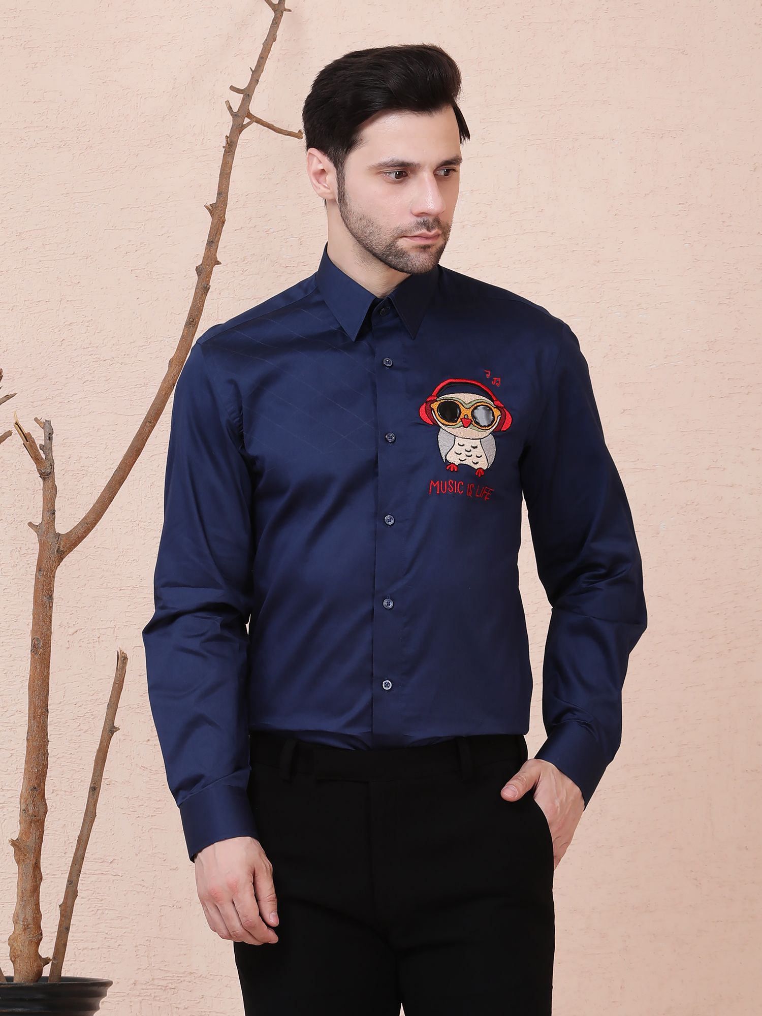 MUSIC IS LIFE (OWL) DESIGNER SHIRT – NAVY BLUE