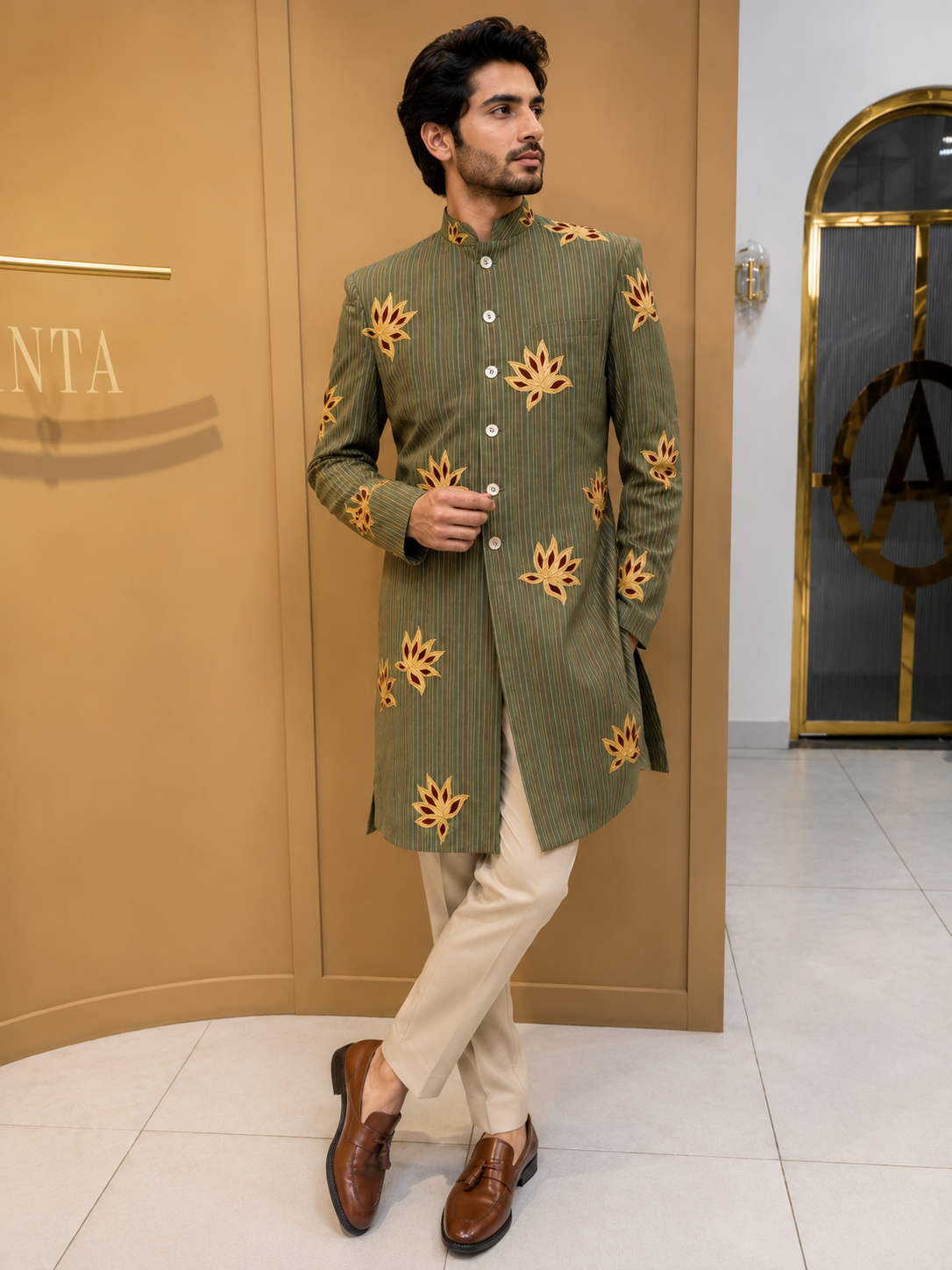 Designer Olive Green Embroidered Jodhpuri Set