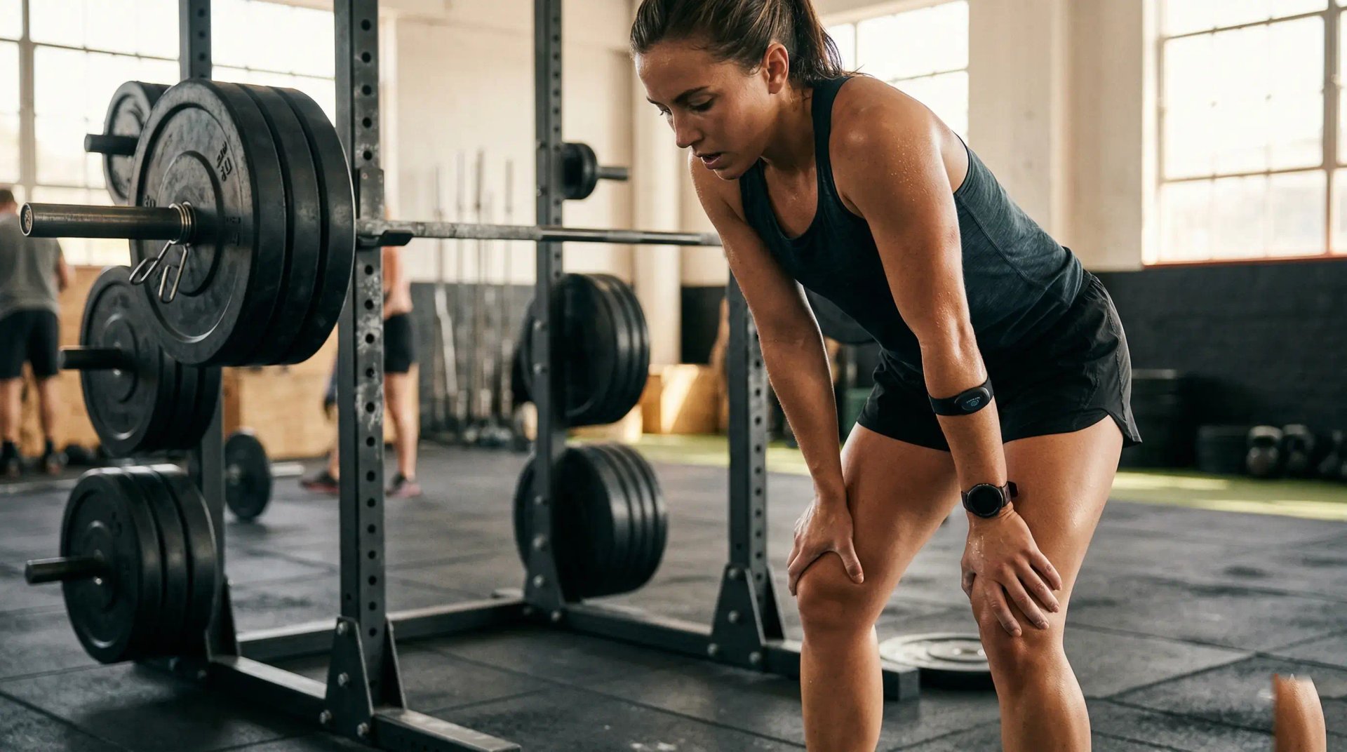 Lifter resting between heavy barbell sets with hands on knees, breathing hard, heart rate monitor visible on wrist.