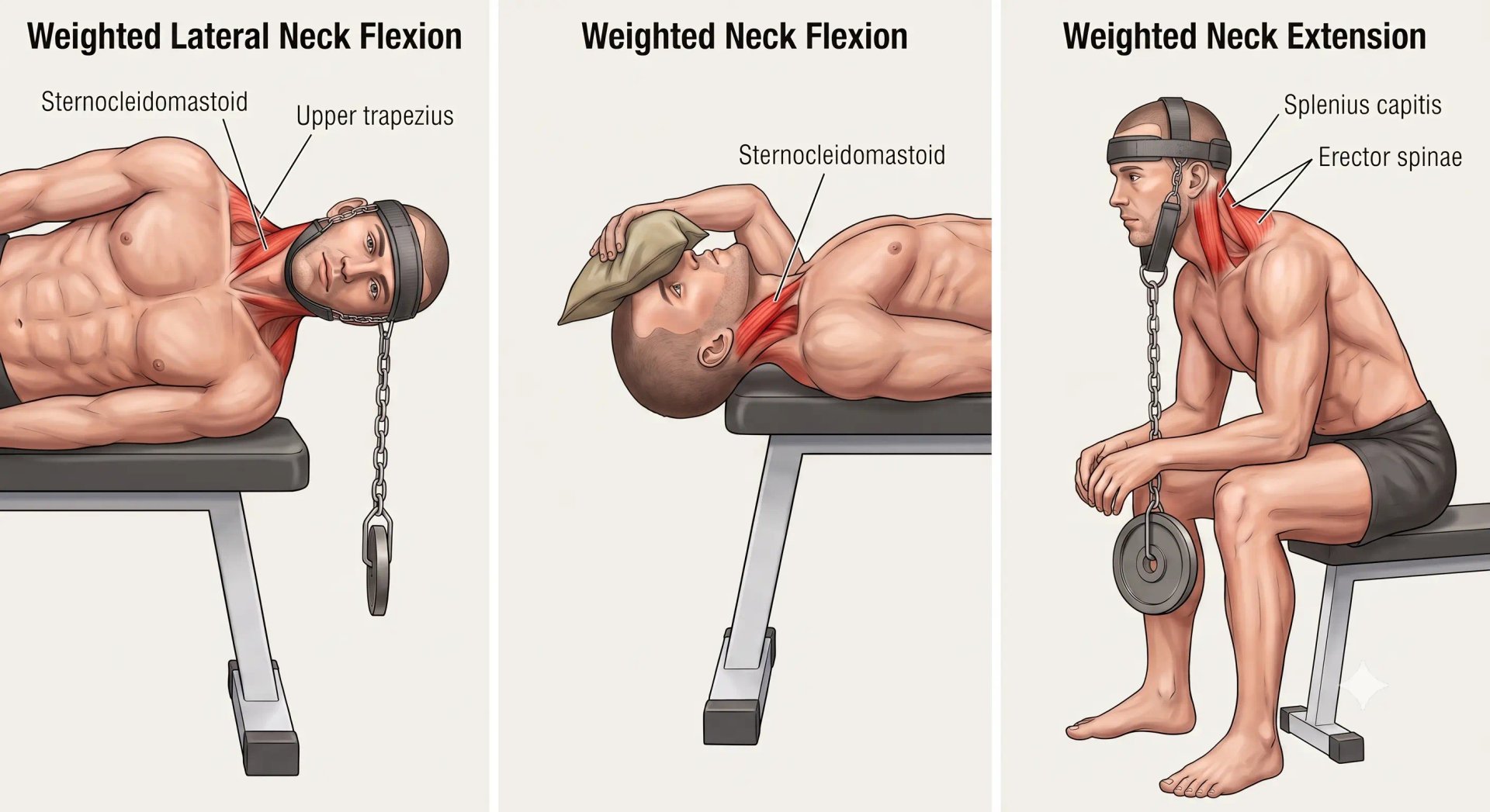 Three-panel illustration of weighted neck exercises: side-lying lateral neck flexion with a head harness, lying neck flexion with a weight held against the forehead, and seated neck extension with a plate hanging from a head harness. Highlighted muscles include the sternocleidomastoid, upper trapezius, splenius capitis, and erector spinae.