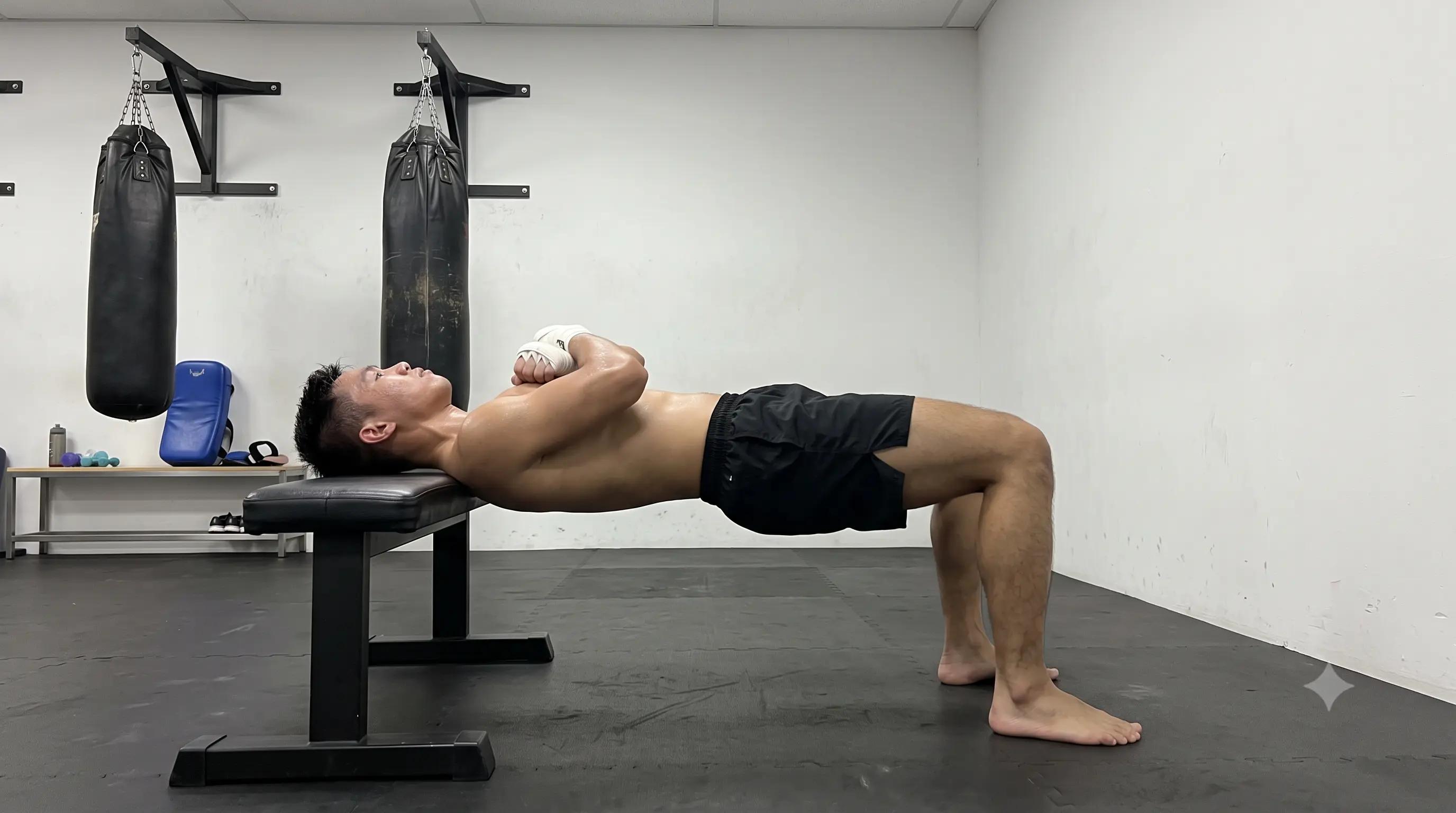 A fighter performs an isometric neck plank, bridging his body in a straight line with only the back of his head and shoulders supported on a gym bench, in a fight gym with heavy bags behind him.