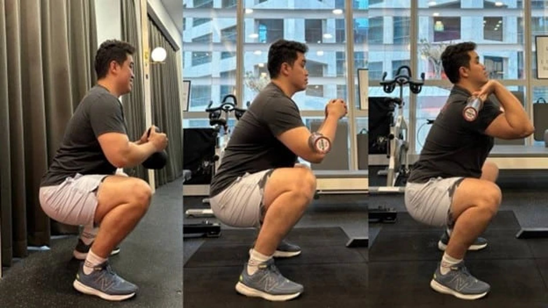 Figure 5 – Left: Kettlebell Goblet Squat, Centre: Zercher Squat, Right: Front Squats