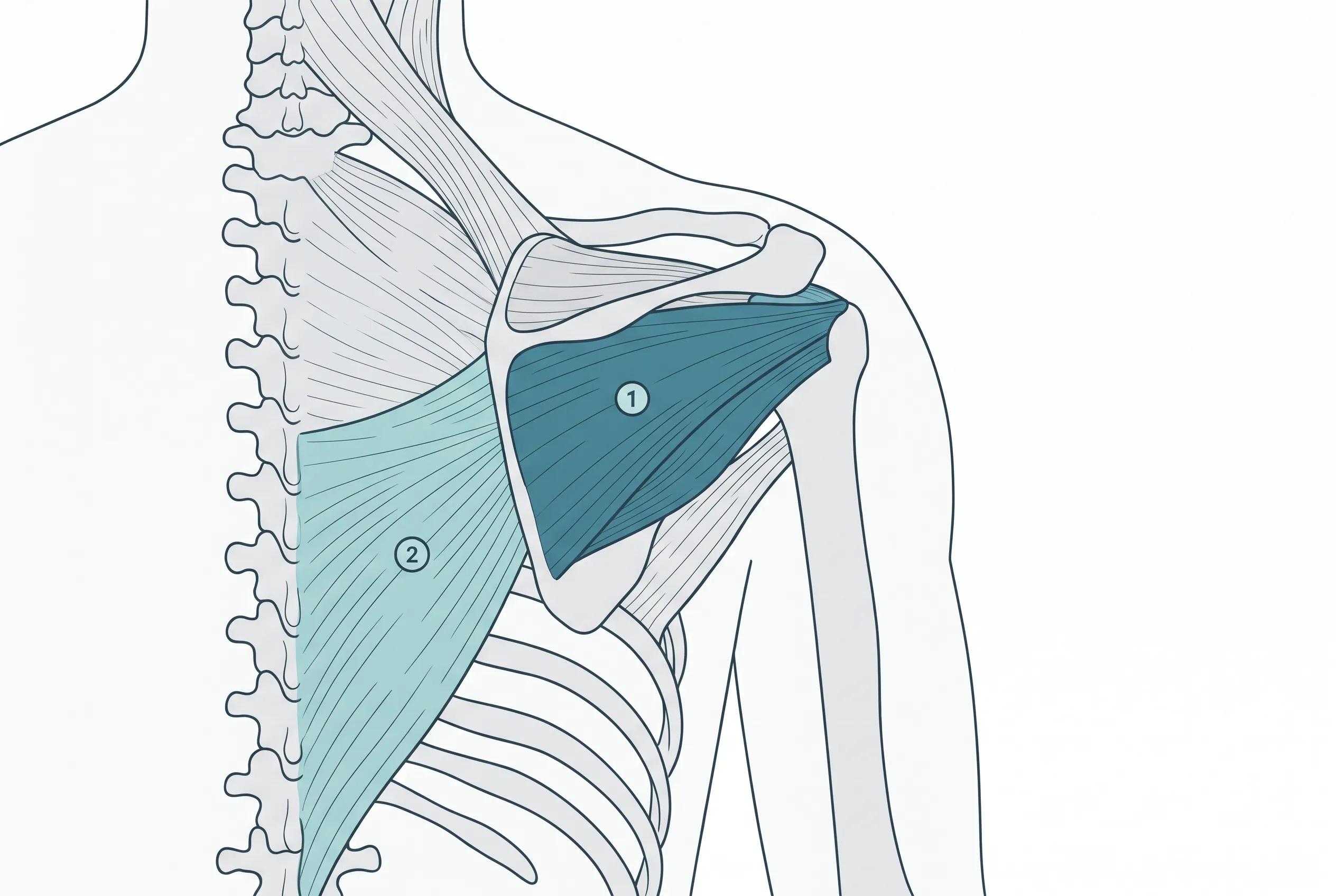 Back view of the right shoulder and upper back, with the rotator cuff muscles on the shoulder blade in dark teal and the lower trapezius fanning out from the spine in light teal.