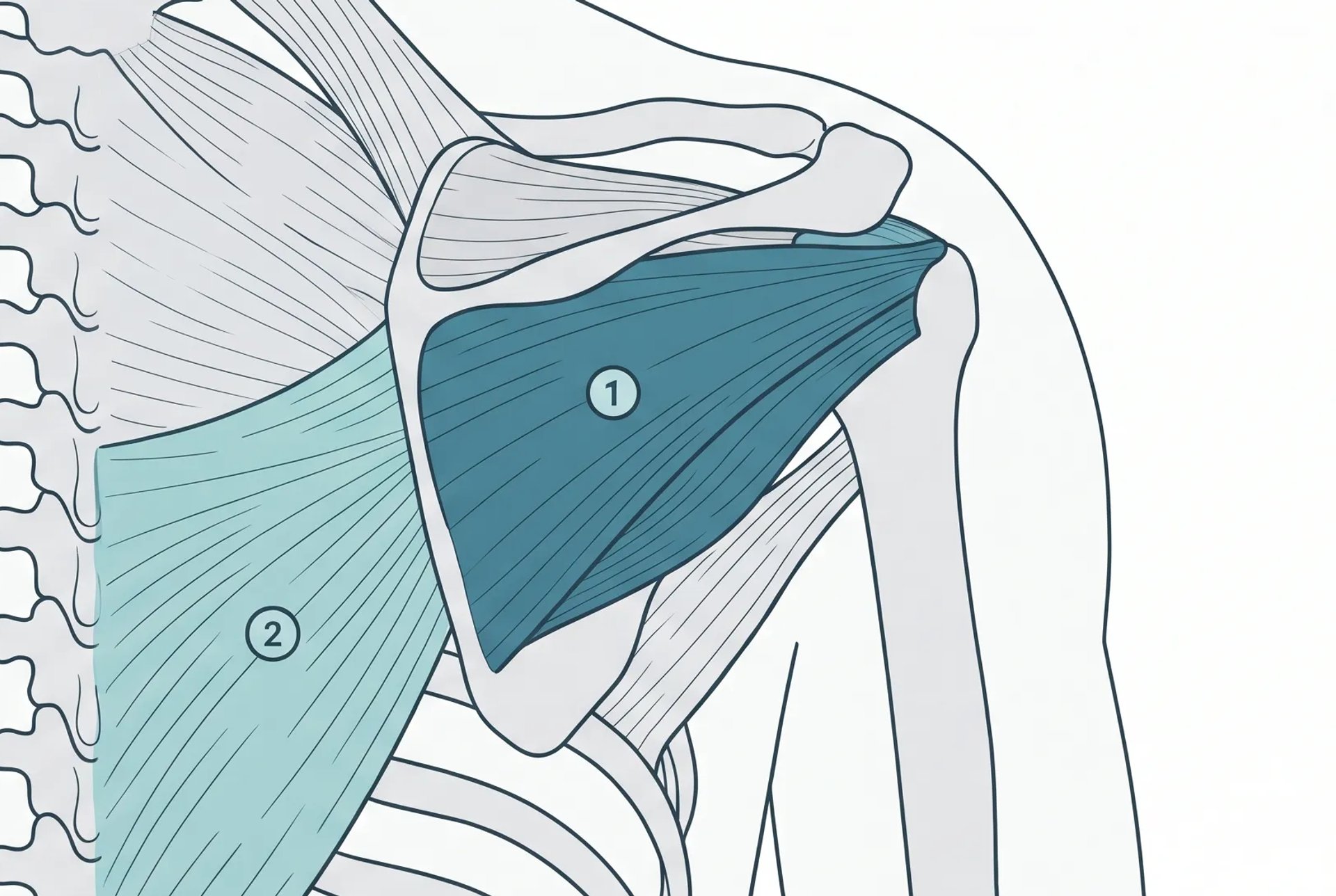 Back view of the right shoulder and upper back, with the rotator cuff muscles on the shoulder blade in dark teal and the lower trapezius fanning out from the spine in light teal.
