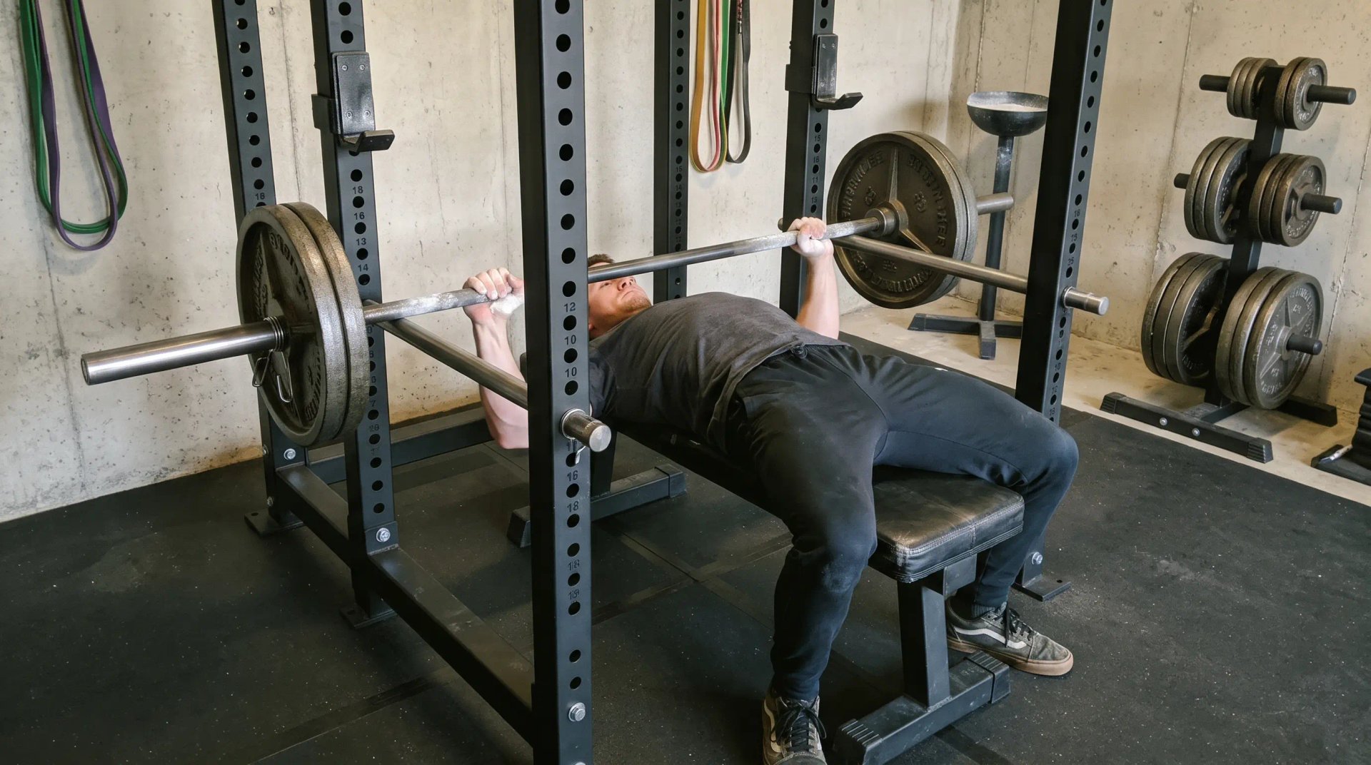A lifter lying on a flat bench inside a power rack, gripping a loaded barbell that rests on safety pins set just above his chest.