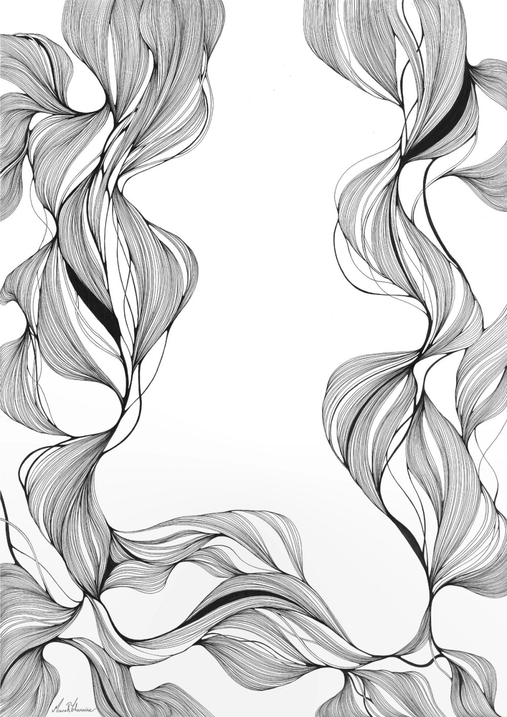 Entrelacs verticaux de formes organiques dessinées en lignes fines noires sur fond blanc.