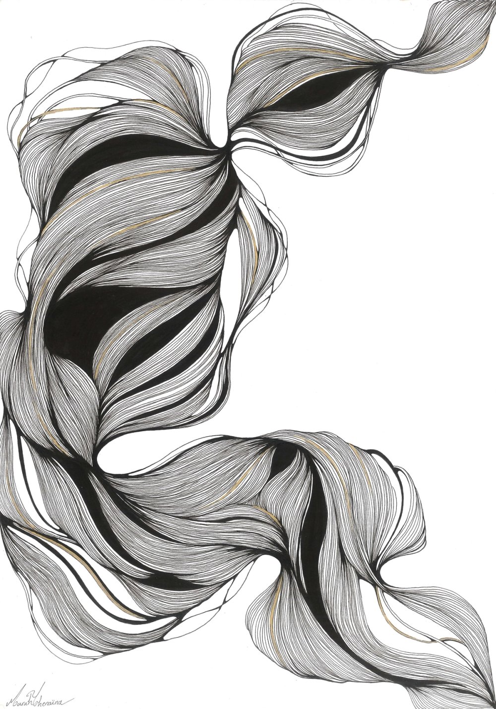 Formes organiques aux lignes fines noires, ponctuées d’aplats noirs et de touches dorées sur fond blanc.