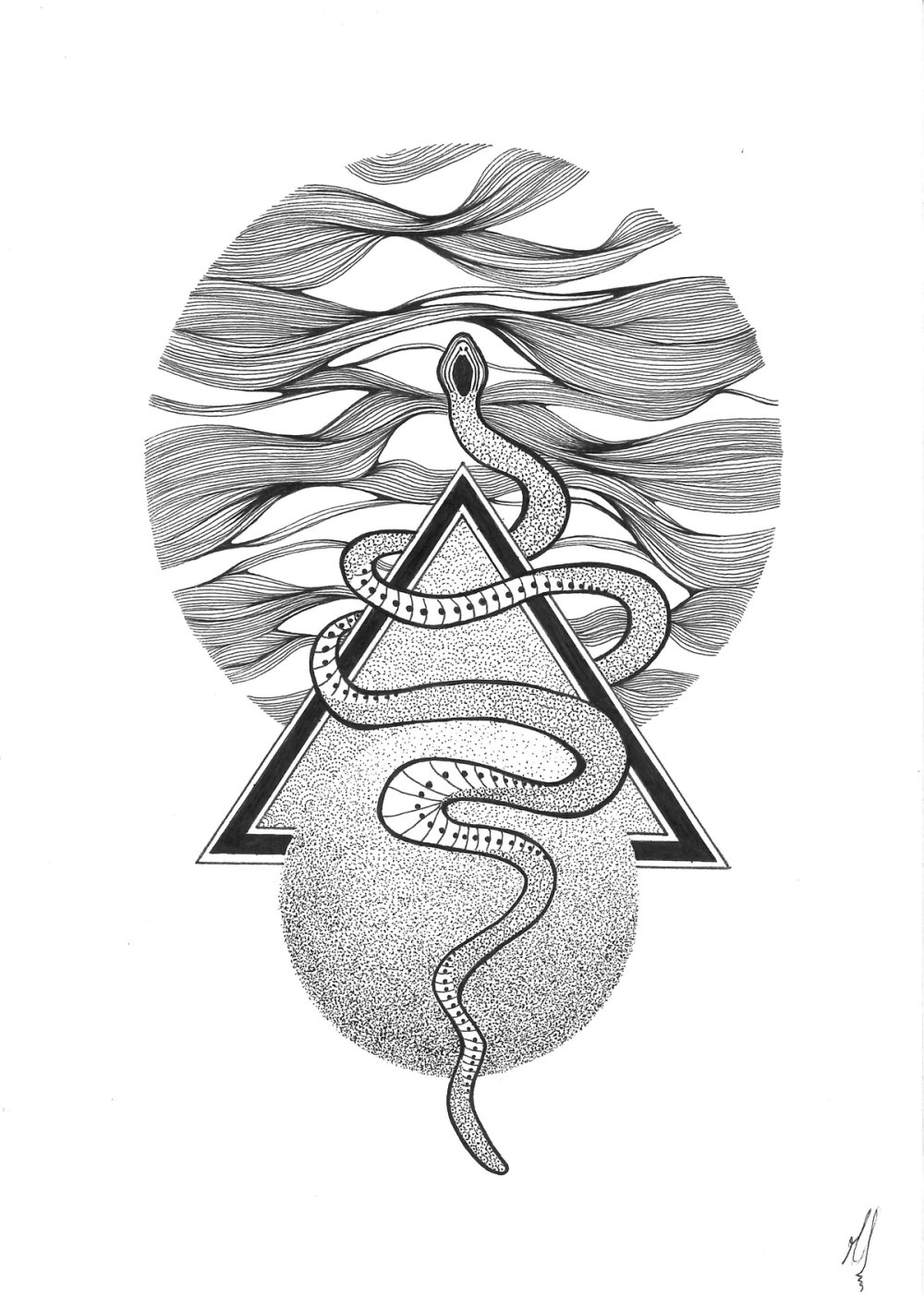 Serpent dessiné en pointillés, enroulé autour d’un triangle devant un disque de lignes ondulantes.