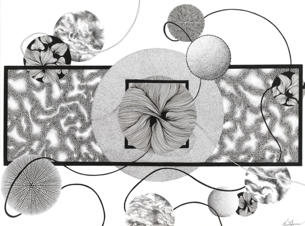 Composition abstraite de cercles, de sphères en pointillés et de formes florales aux lignes fines noires.