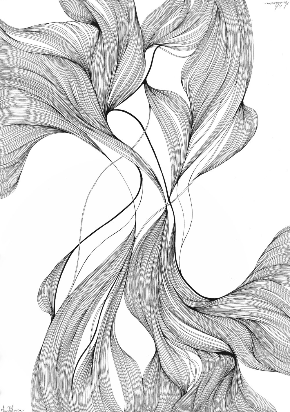 Composition verticale de formes florales et de rubans ondulants dessinés en lignes fines noires.