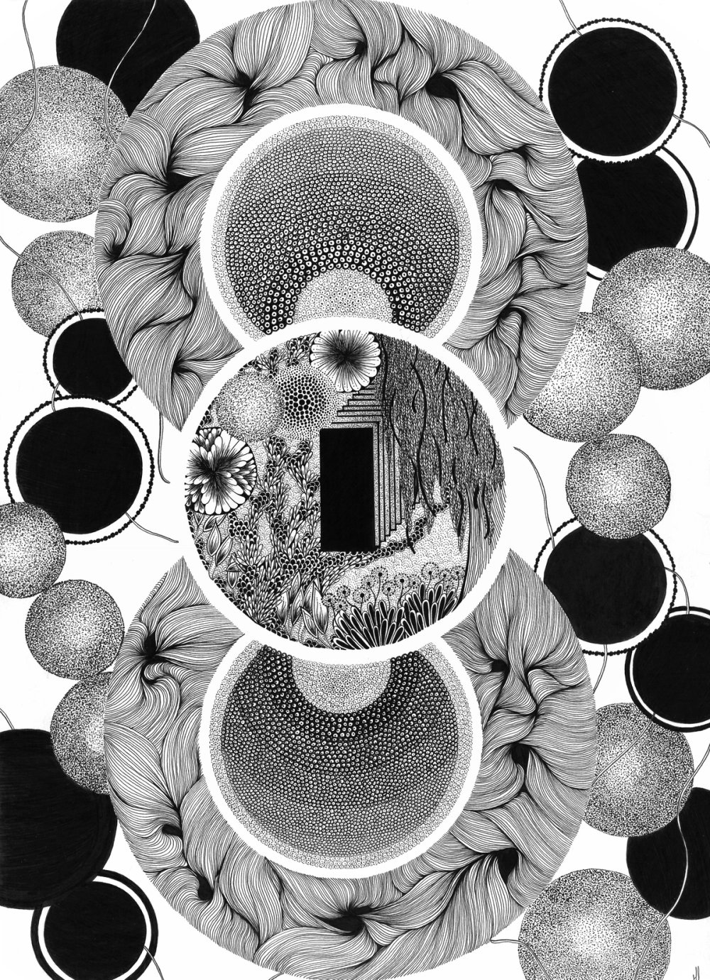 Composition noire et blanche mêlant cercles, pointillisme, motifs floraux et lignes ondulantes autour d’un passage central.