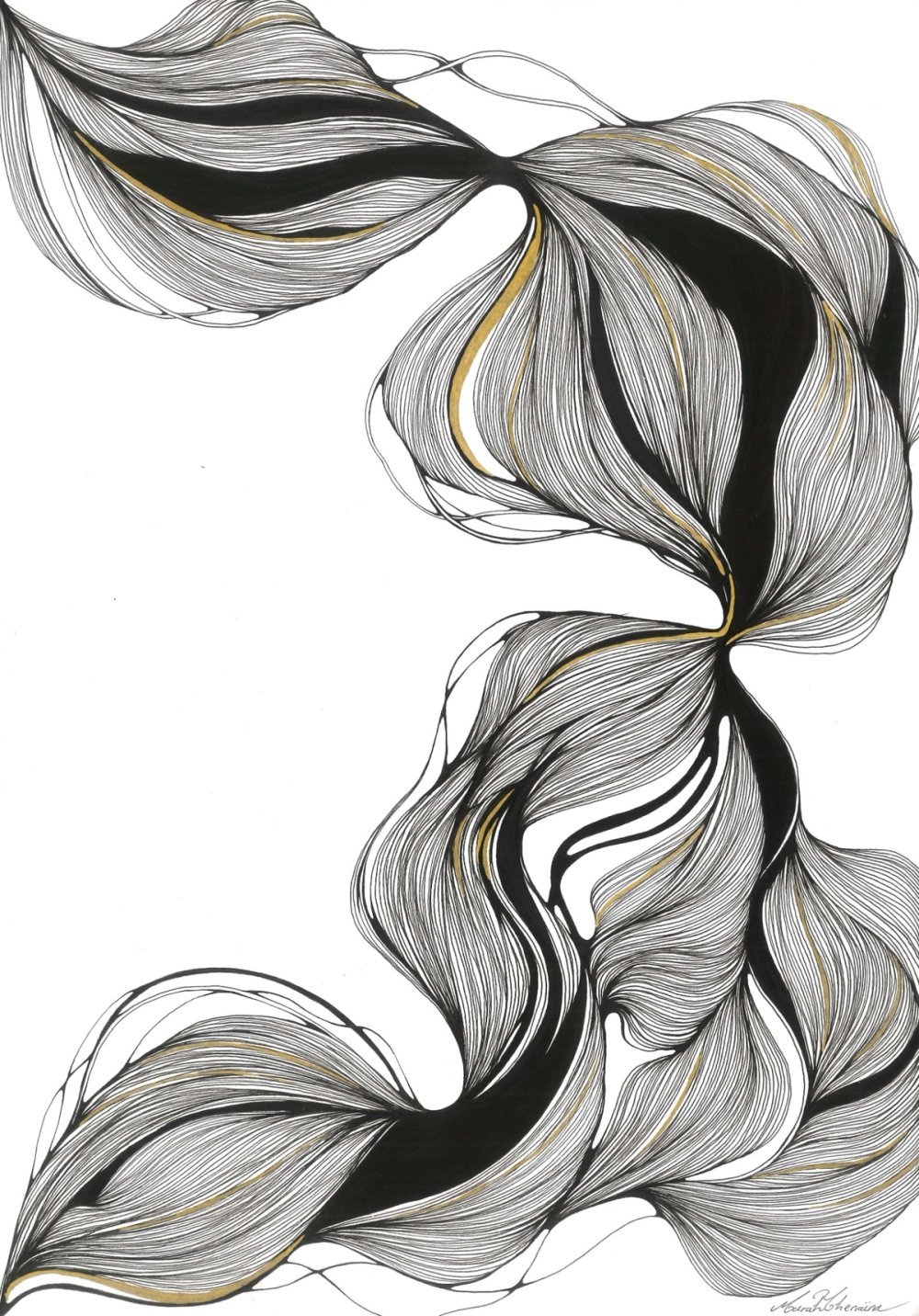 Formes organiques entrelacées mêlant lignes fines, aplats noirs et accents dorés.