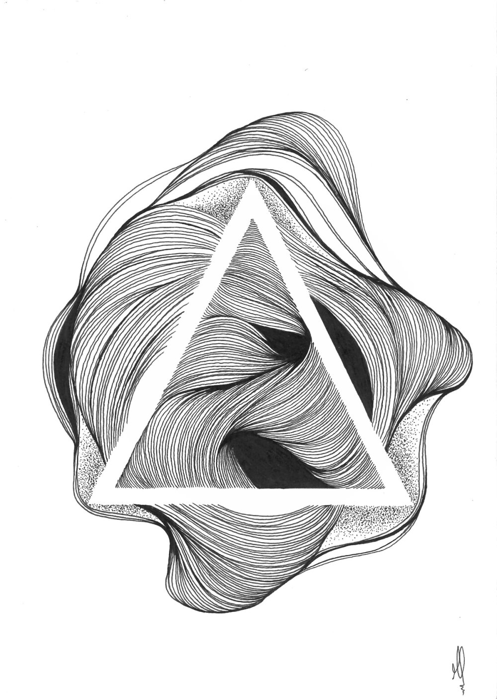 Triangle noir et blanc entouré de formes ondulantes aux lignes fines sur fond blanc.