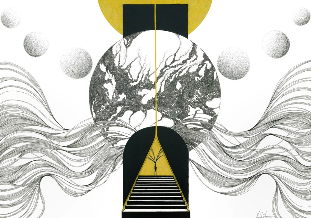 Escalier menant à une ouverture noire et jaune, entouré de sphères et de lignes ondulantes.