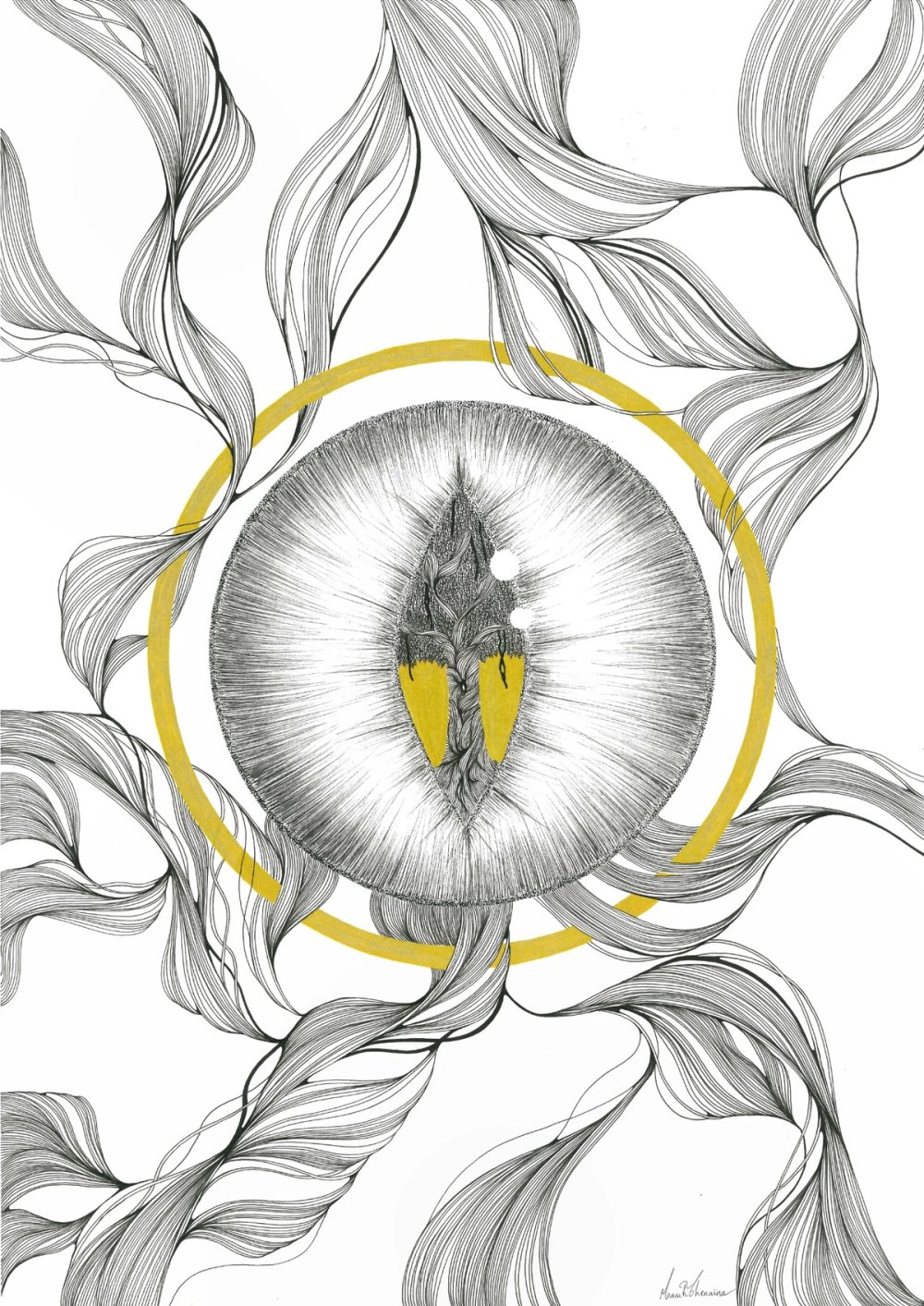 Motif circulaire évoquant un œil, entouré de formes ondulantes noires et de touches jaunes.