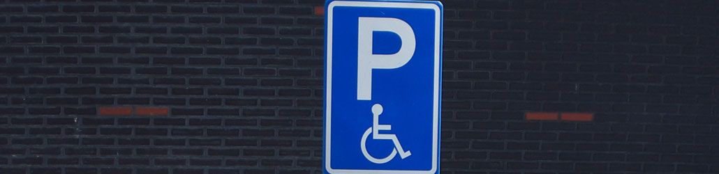 Verkeersbord E06 met een blauw vlak en witte P, aangevuld met een rolstoelsymbool, dat een gehandicaptenparkeerplaats aanduidt.