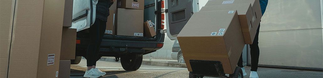 Twee personen laden kartonnen dozen in en uit een bestelbus met behulp van een steekwagen.