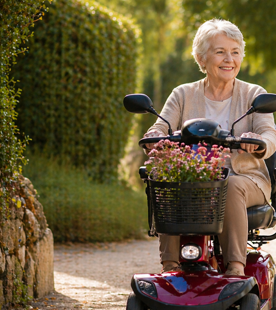 An older woman smiling as she rides a red mobility scooter along a garden path