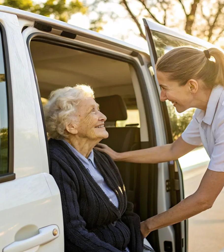 An older adult being helped into a vehicle by a patient advocate
