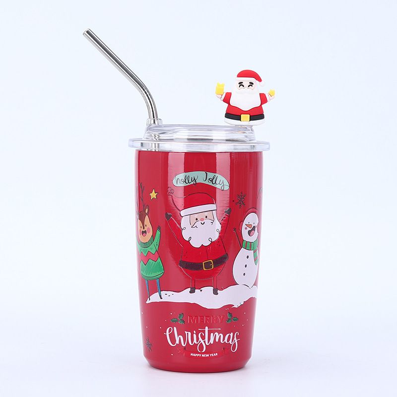Red 460ml mini Christmas tumbler with metal straw and Santa snowman holiday artwork