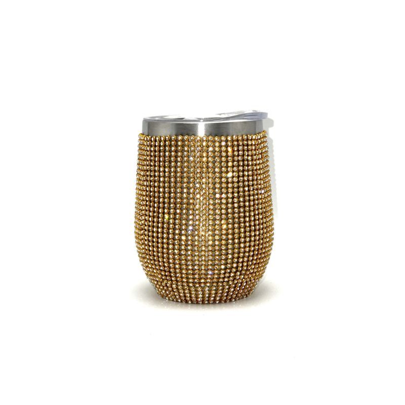 12oz resin rhinestone double wall stainless steel insulated tumbler, gold finish