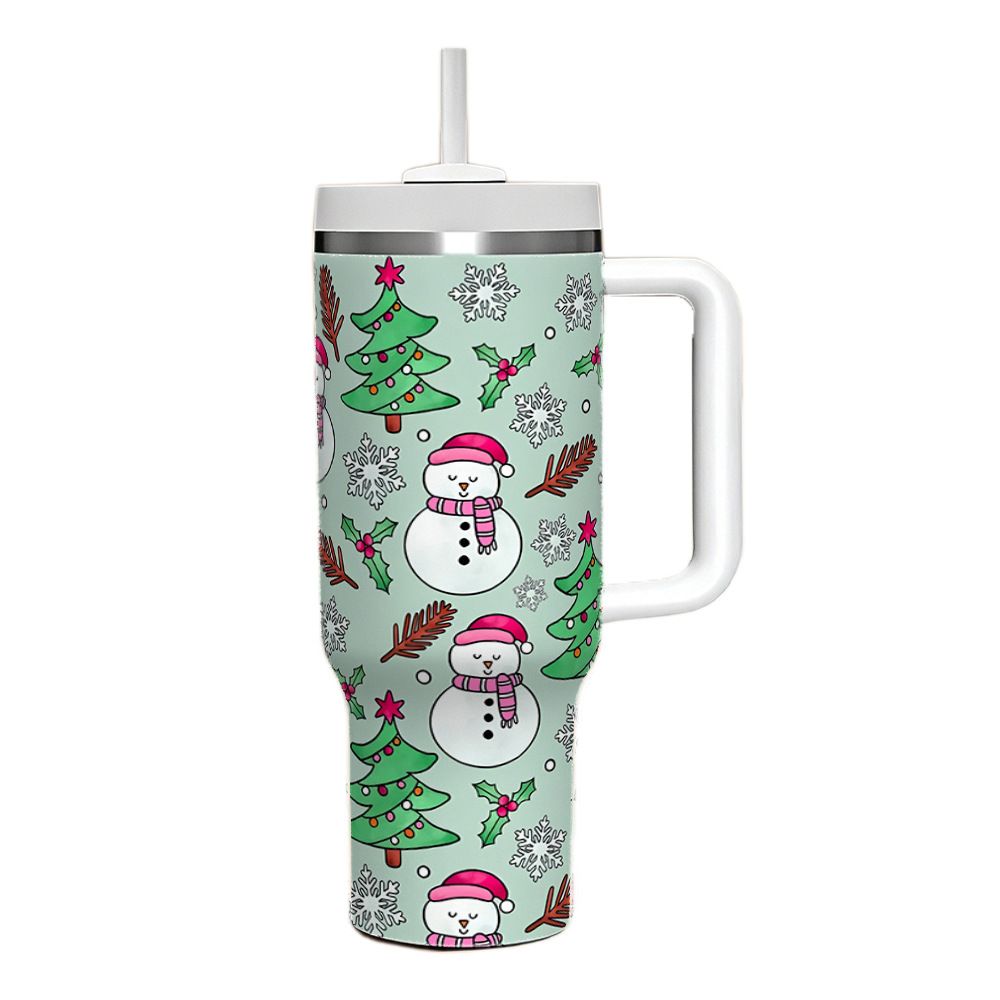 Mint green 40oz Christmas tumbler with handle and snowman tree snowflake UV printed pattern