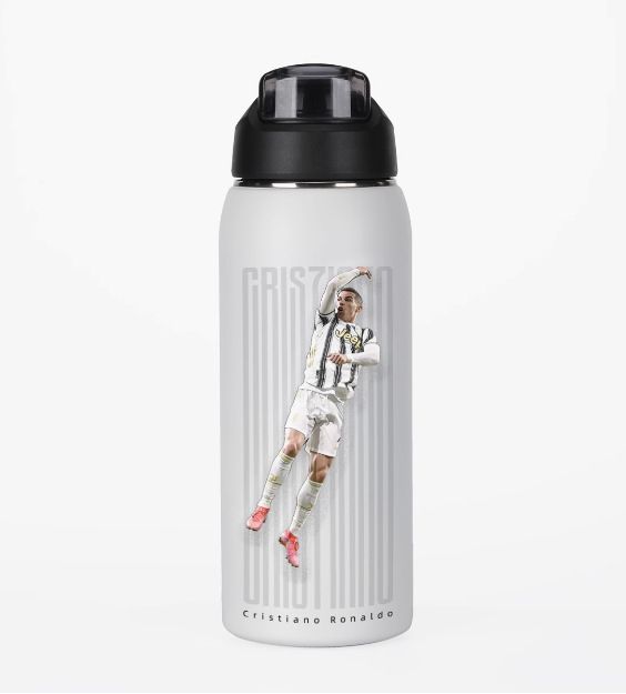 UV printed football star action design on stainless steel insulated water bottle