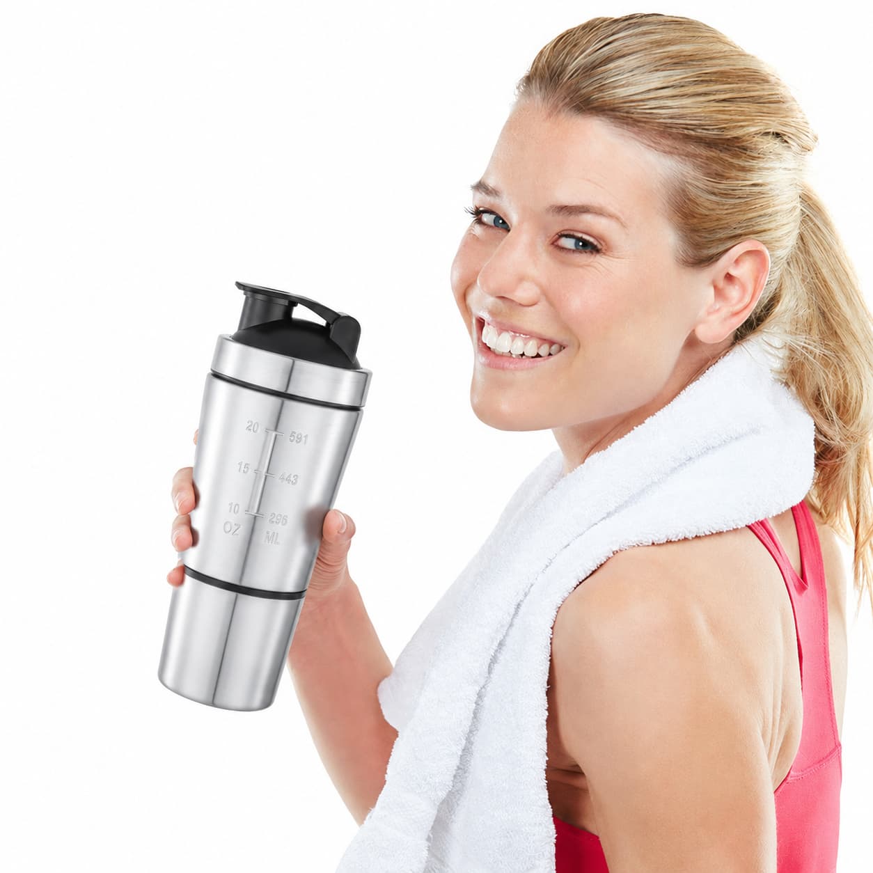 Fitness model holding stainless steel protein shaker bottle with measuring scale