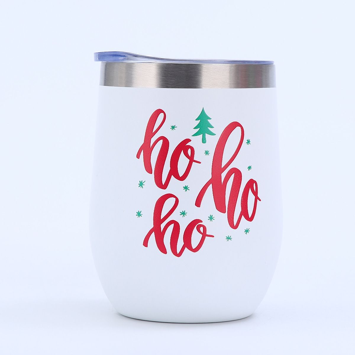 White 12oz egg shaped tumbler with red ho ho ho Christmas UV print