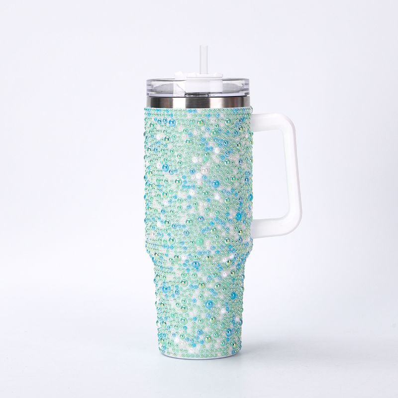 40oz pearl rhinestone stainless steel insulated tumbler with handle, green finish