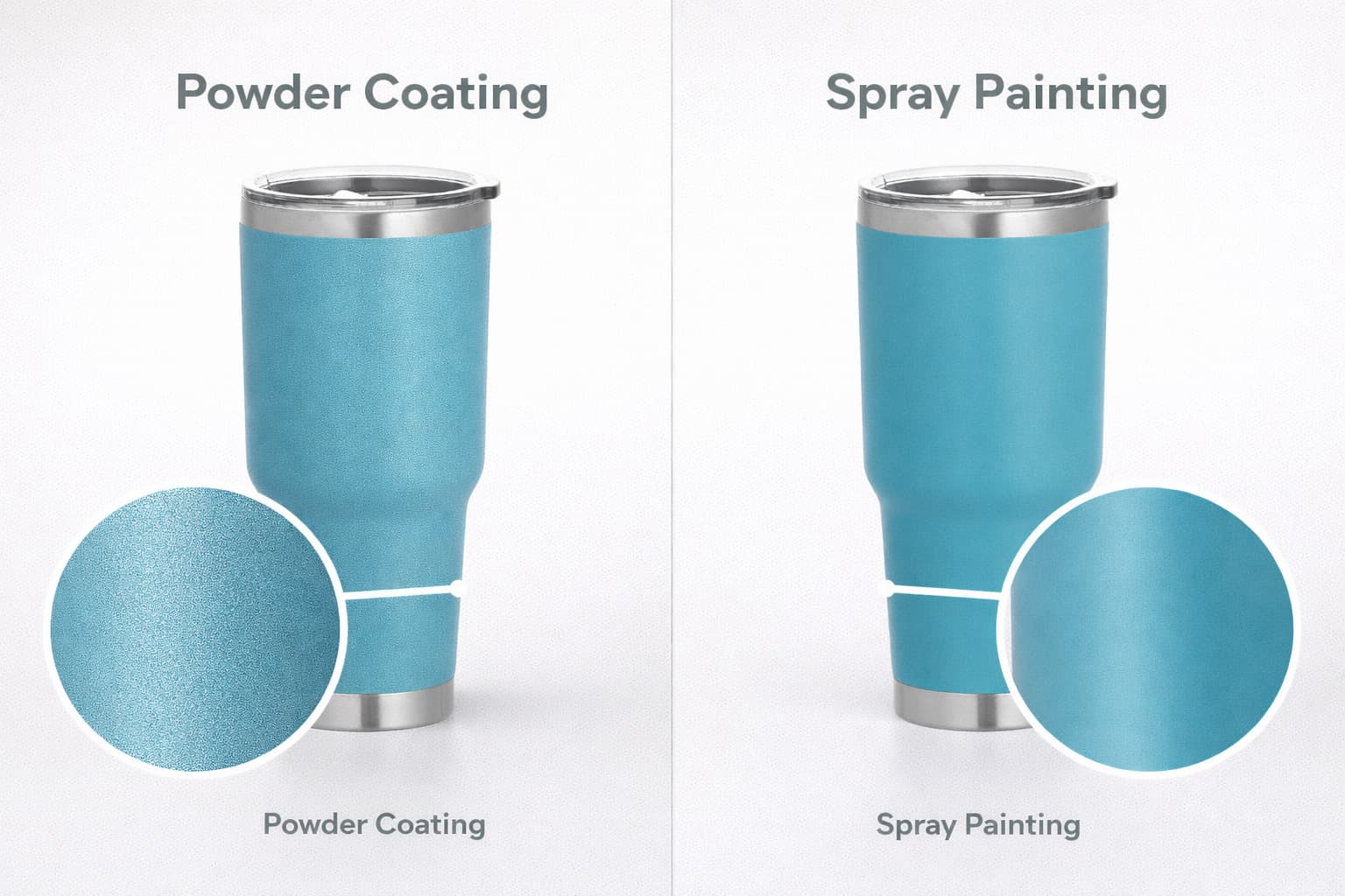 Powder coating vs spray painting comparison on stainless steel insulated tumbler, showing textured powder-coated surface and smooth spray-painted finish in close-up detail.