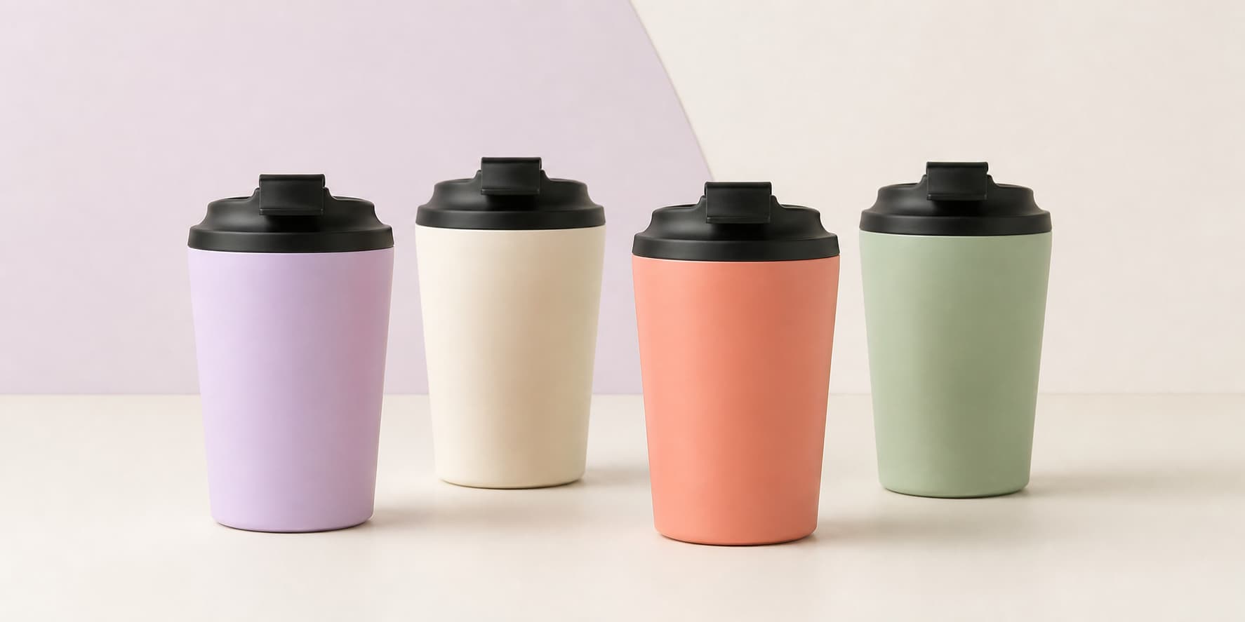 12oz insulated coffee cups in lavender, cream, coral and sage green