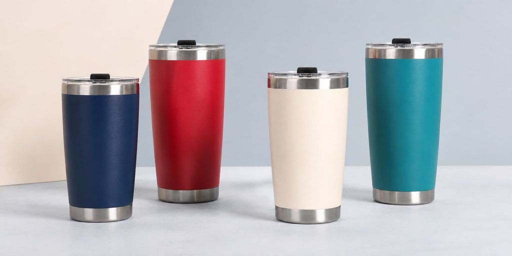20oz and 30oz stainless steel travel tumblers in four matte colours
