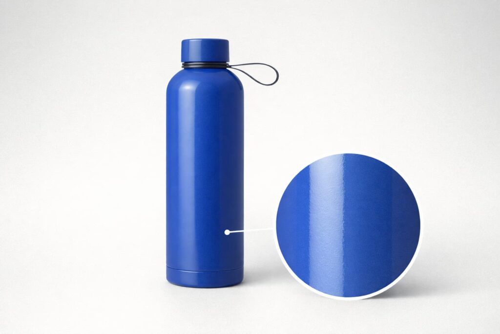 Glossy powder coated stainless steel insulated water bottle with smooth surface and controlled light reflection, shown with close-up finish detail.