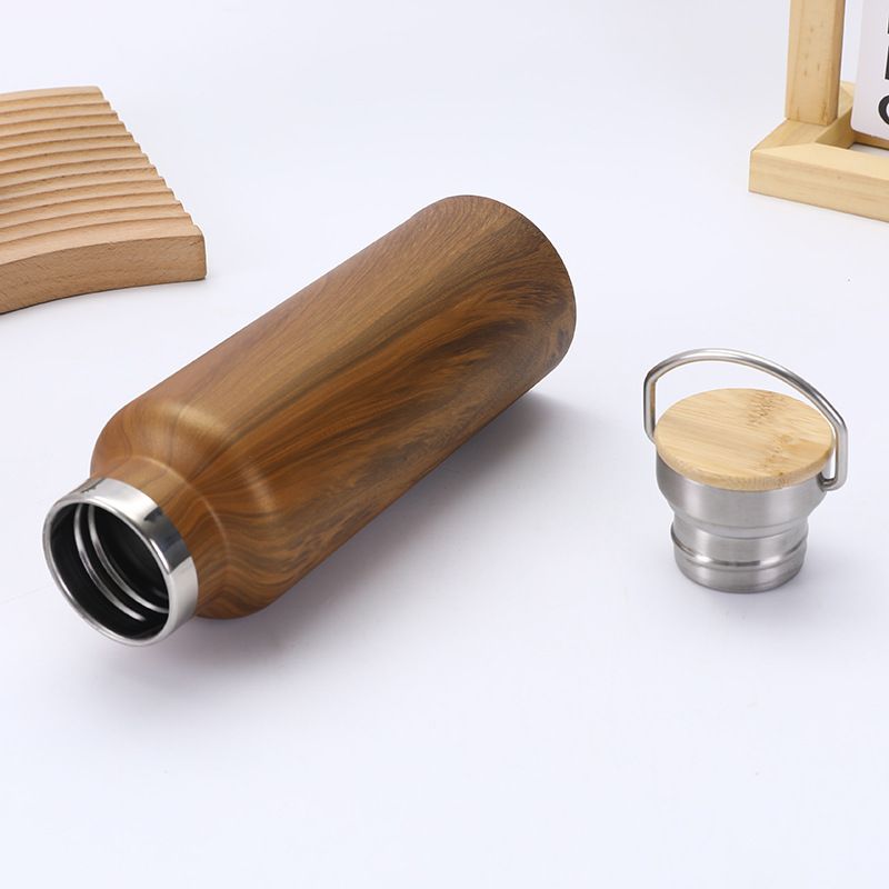 Stainless steel insulated bottle with wood grain hydrographic printing, wide mouth design