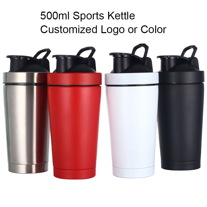 Vacuum insulated protein shaker bottles in black, white, silver