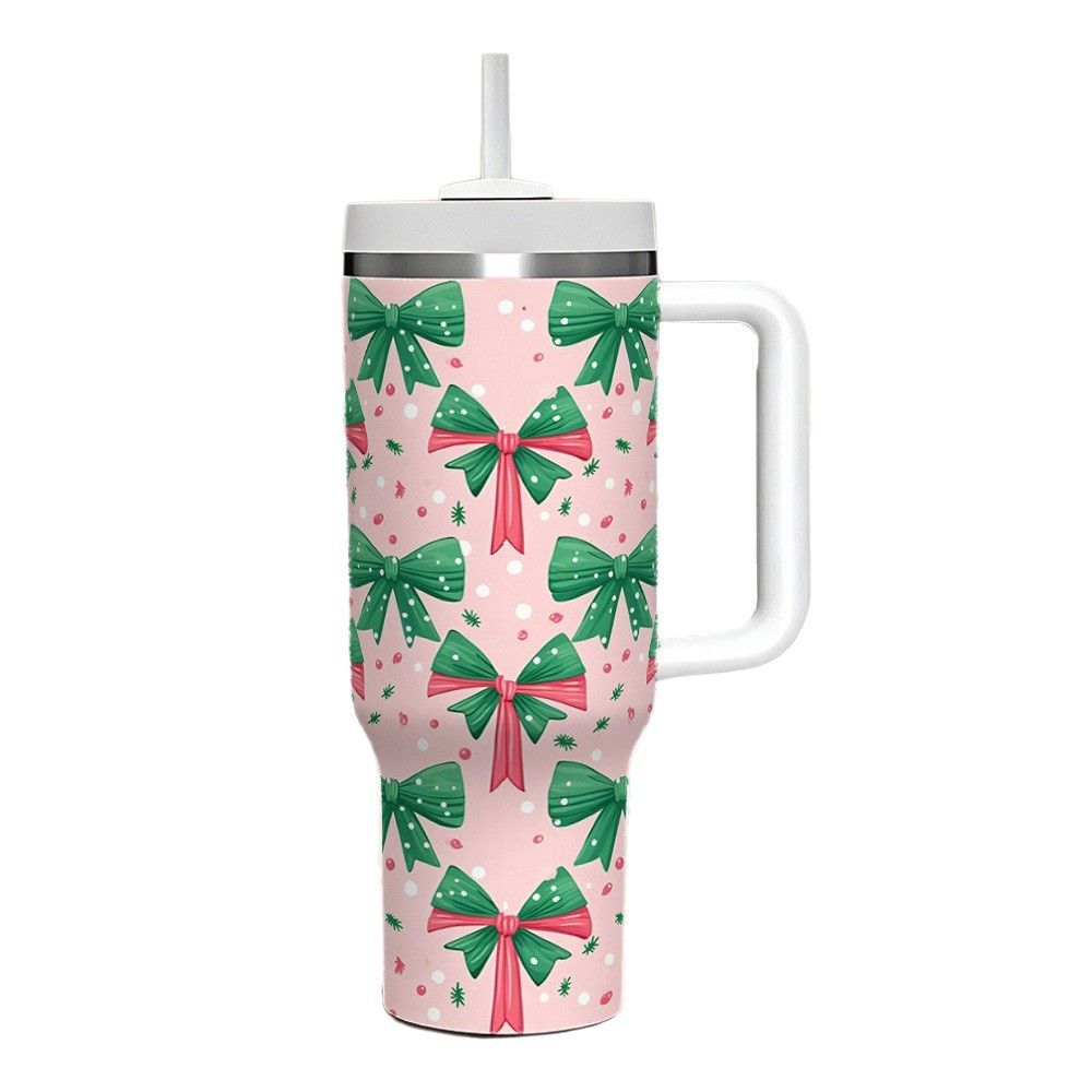 Pink 40oz Christmas stainless steel tumbler with handle and bow pattern UV printing
