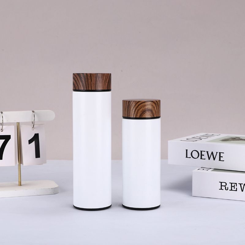 White stainless steel vacuum insulated bottle with wood grain lid for wholesale