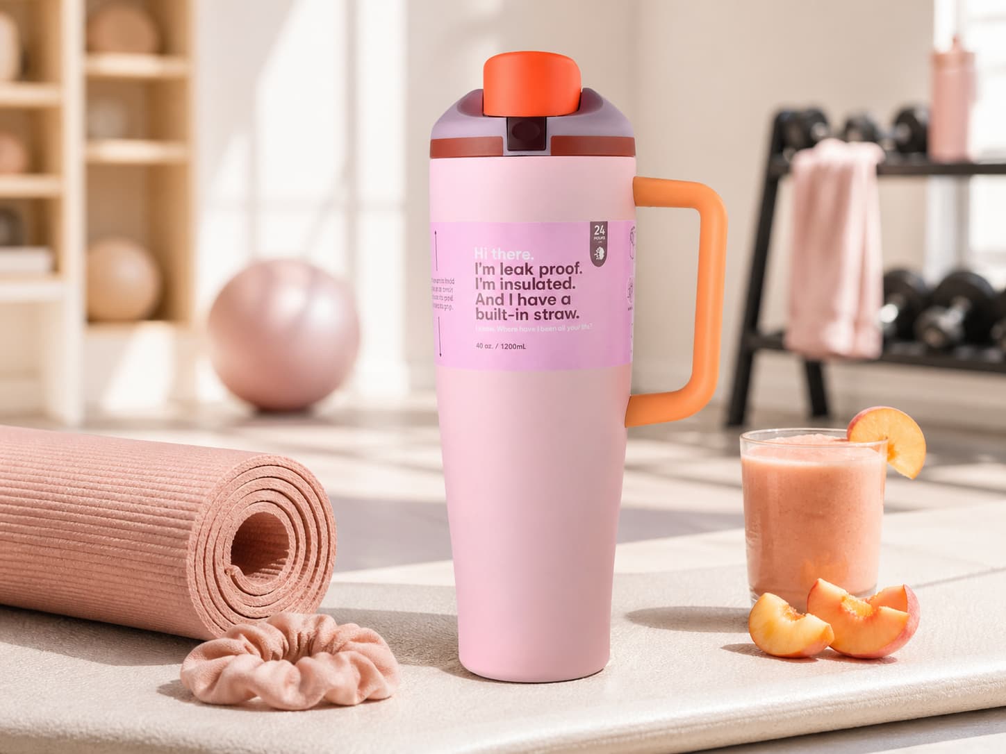 Pink large-capacity handled tumbler with built-in straw in a bright women-focused fitness studio
