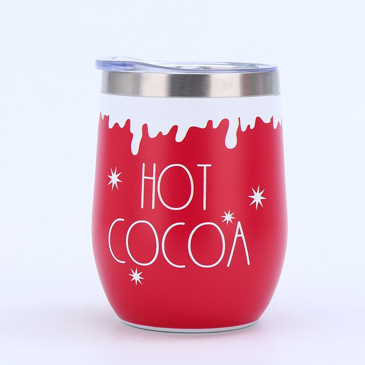 Red 12oz stainless steel egg tumbler with hot cocoa Christmas print