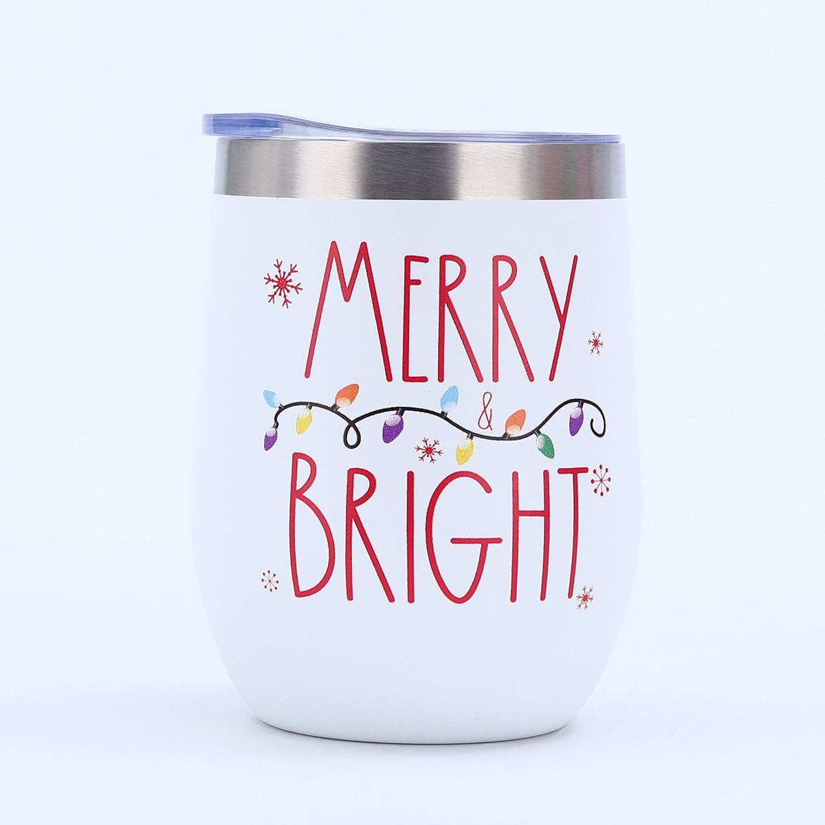 White 12oz egg shaped tumbler with Merry and Bright Christmas UV print