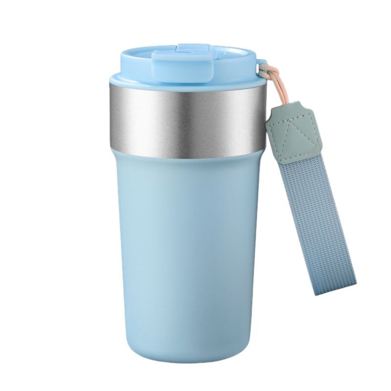 Portable coffee mug with braided strap and leak-proof design for daily carry