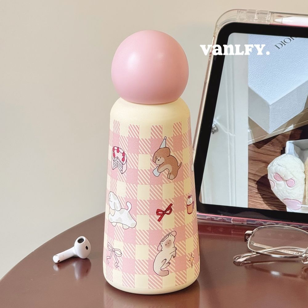 Cream 350ml stainless steel insulated bottle with pink checkered UV printed cartoon pattern