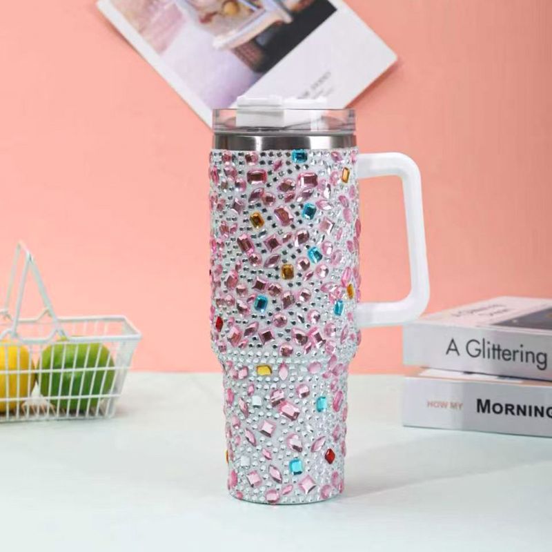 40oz acrylic rhinestone insulated tumbler with handle, pink mixed stone design