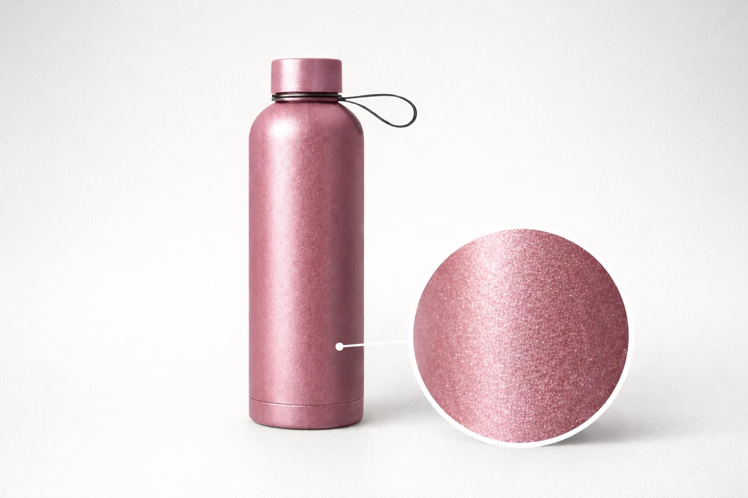 Metallic powder coated stainless steel insulated water bottle in pink color, showing subtle metallic sheen and fine particle texture in close-up detail.