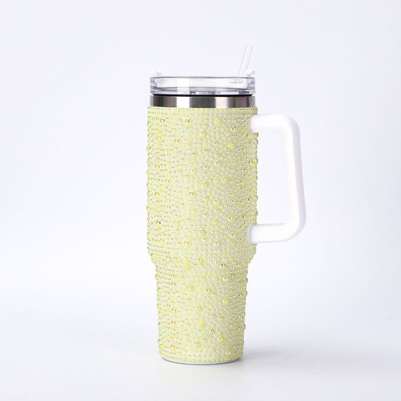 40oz pearl rhinestone stainless steel insulated tumbler with handle, yellow finish