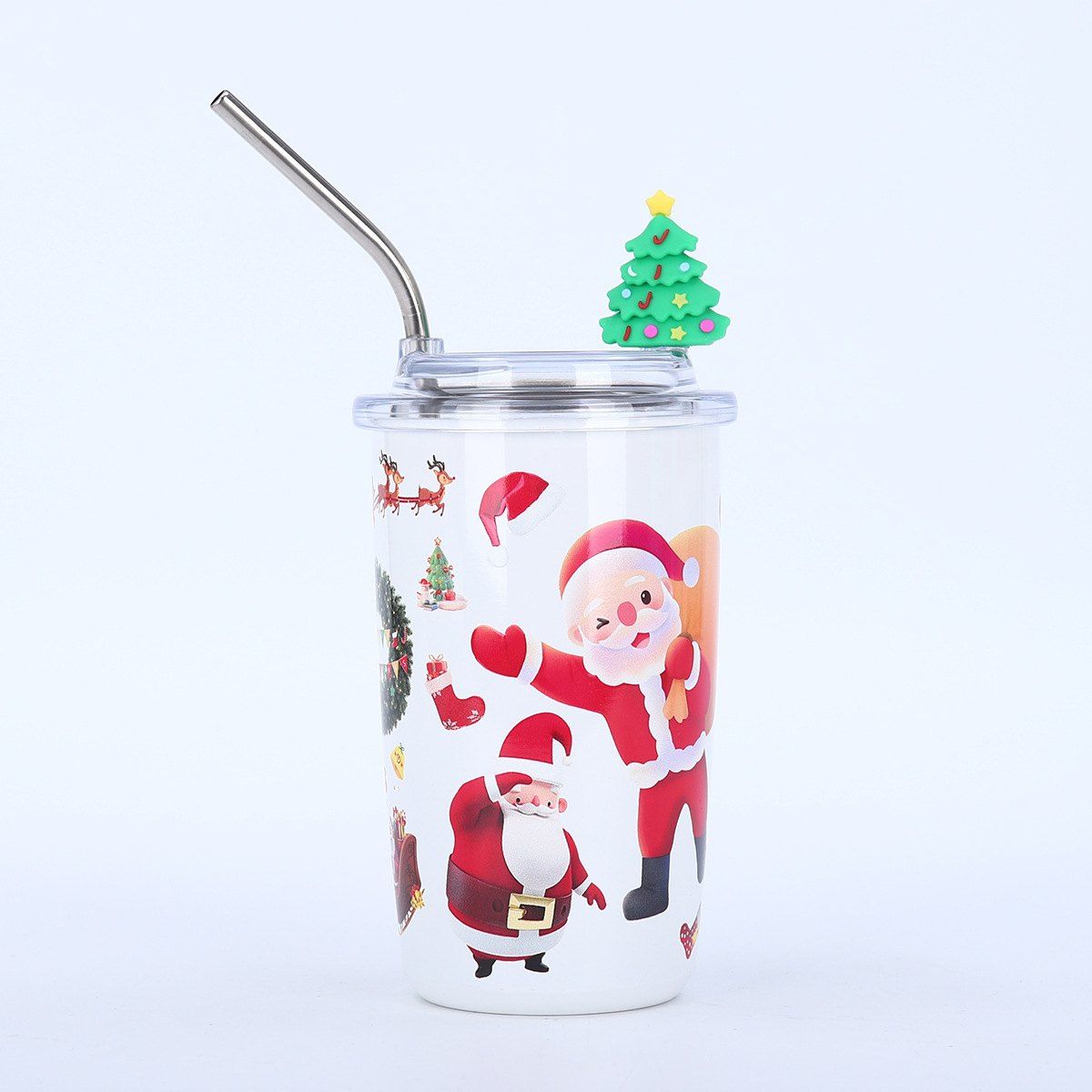 White 460ml Christmas tumbler with metal straw and Santa full-body UV printed artwork
